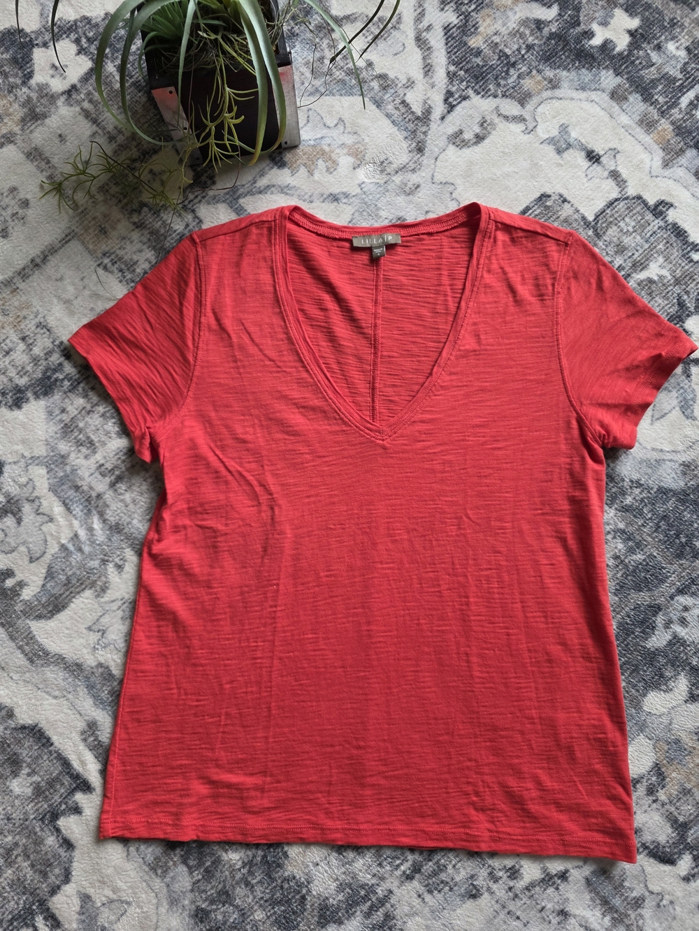 Lilla P Red Slub V-Neck Short Sleeve Tee 100% Cotton Small